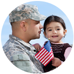 Military dad and young daughter holding a USA flag.